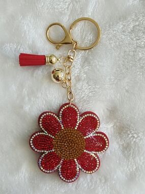 Red Flower Rhinestone Tassel Keychain Daisy Bag Charm